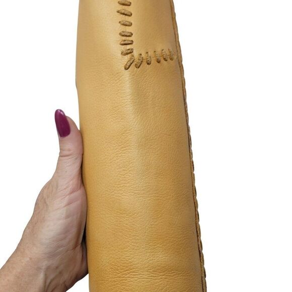 Vintage 70s Western Tan Knee-High Leather Boots Sz 3 Patchwork Stitching Heeled - Picture 7 of 16